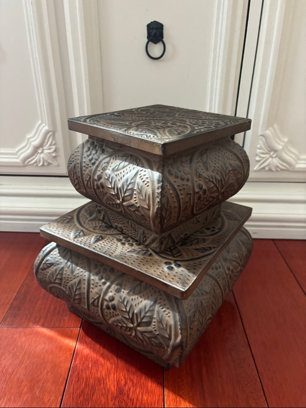 Carved Metal Accent Box - Bronze Toned Decorative Pedestal